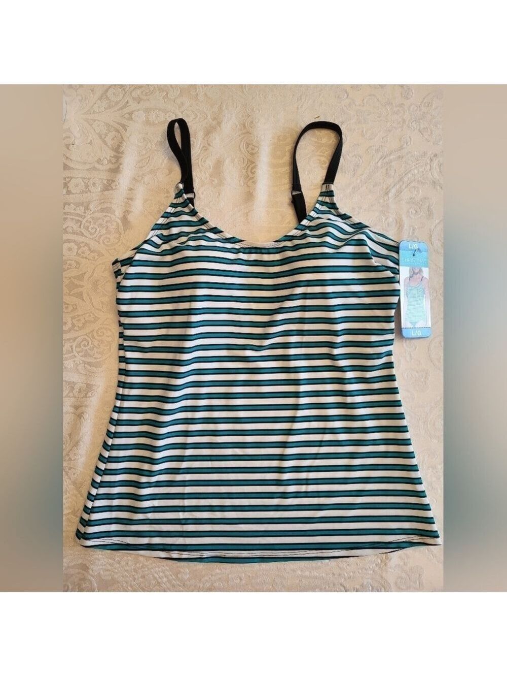 Christina Blue and White Asymmetrical Fitted Tankini Top ONLY, Size Large, NWT